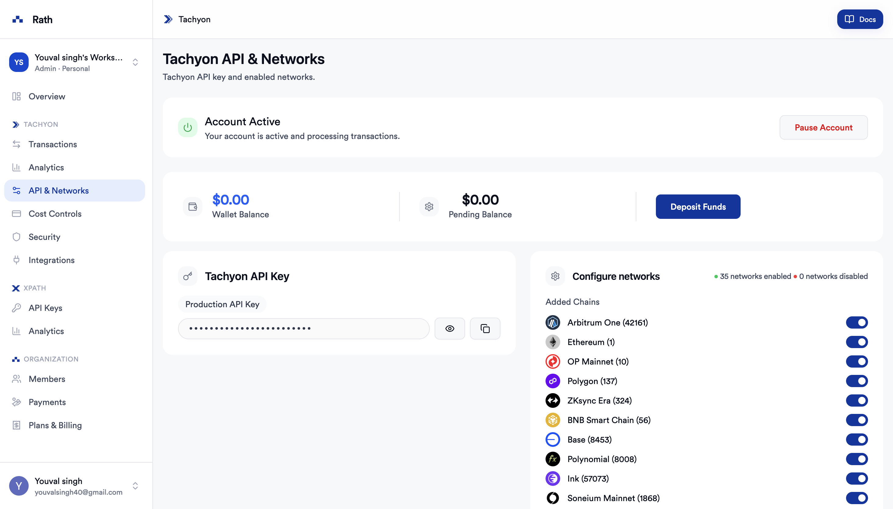 Tachyon API key and networks page